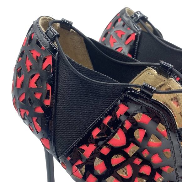 JIMMY CHOO TACTIC Laser Cut BLACK GERANIUM PATENT LEATHER PEEP-TOE PUMP Bootie - Picture 7 of 14